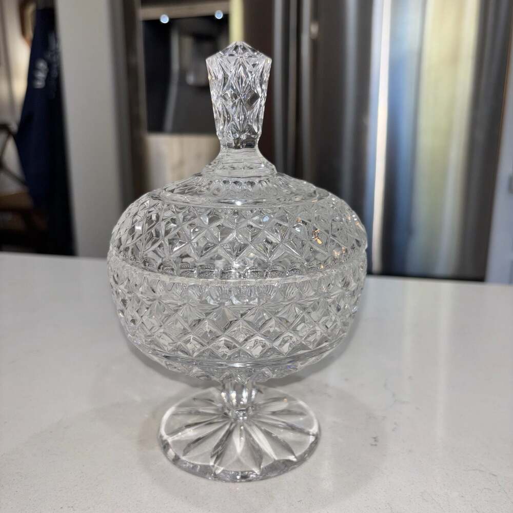 Vintage Bohemia Clear Lead Crystal Footed Candy Dish with Lid
